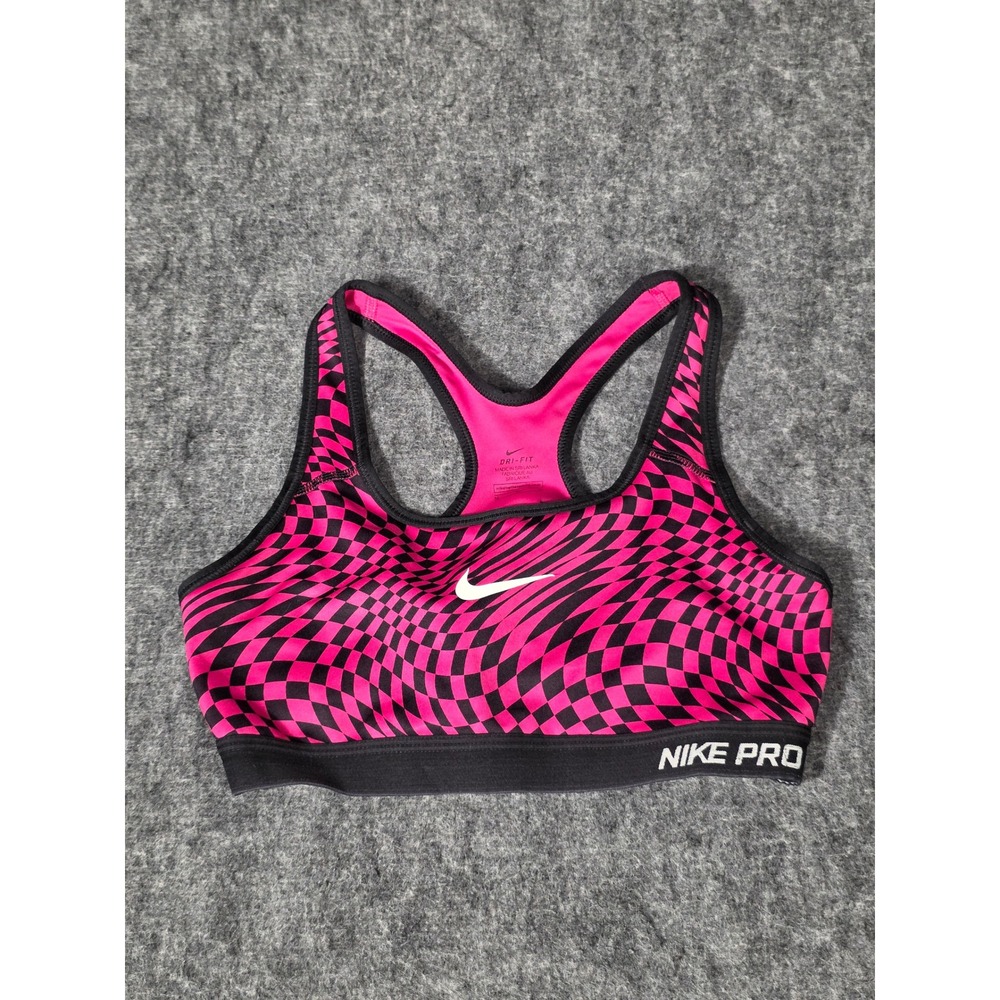 Nike Sports Bra M Pink Black Checker Swoosh Dri-Fit Racerback Pro 682873-667